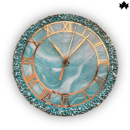 Aqua Gemstone Resin Art Clock – Roman Design | Luxury Wall Clock by Fankaarlok
