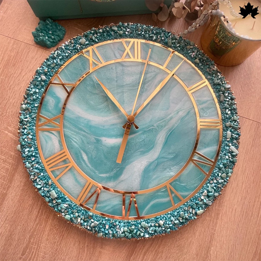 Aqua Gemstone Resin Art Clock – Roman Design | Luxury Wall Clock by Fankaarlok
