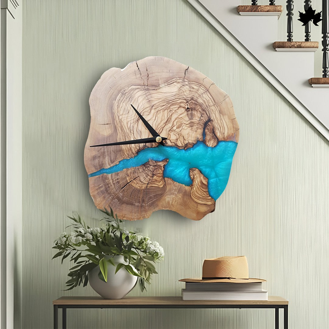 Natural Live-Edge Wood Design | Blue Resin Wall Clock for Living Room by Fankaarlok