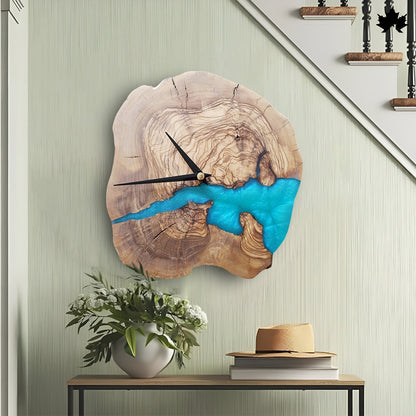 Natural Live-Edge Wood Design | Blue Resin Wall Clock for Living Room by Fankaarlok