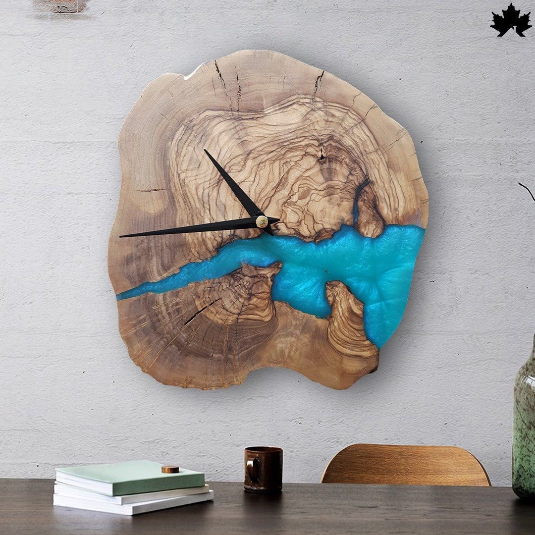 Natural Live-Edge Wood Design | Blue Resin Wall Clock for Living Room by Fankaarlok