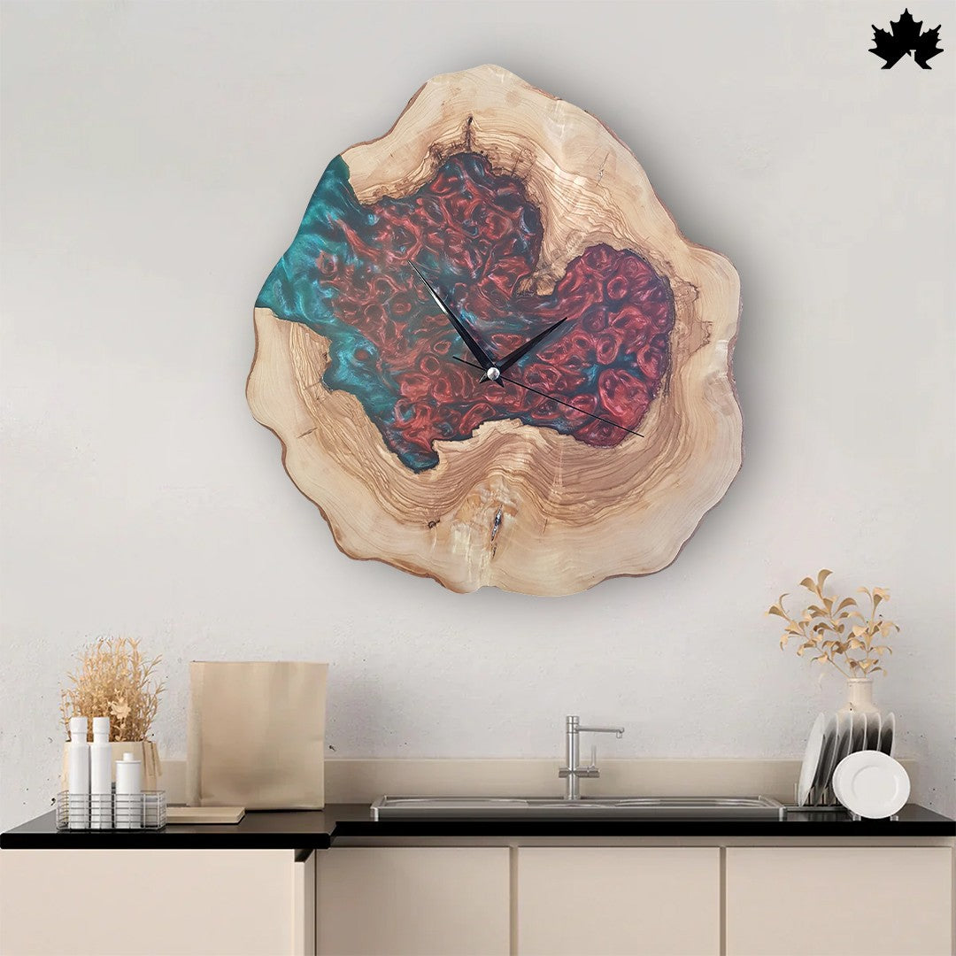 Red & Teal Epoxy Art on Natural Wood Slice | Contemporary Wooden Clock by Fankaarlok