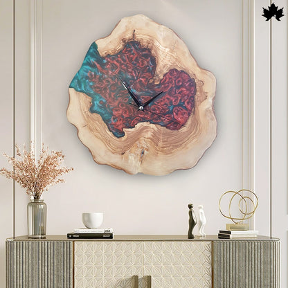 Red & Teal Epoxy Art on Natural Wood Slice | Contemporary Wooden Clock by Fankaarlok