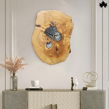 Natural Tree Slice with Silver Epoxy | Artisanal Wood Wall Clock by Fankaarlok