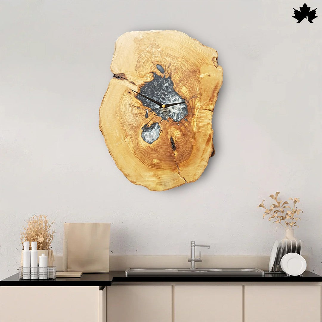 Natural Tree Slice with Silver Epoxy | Artisanal Wood Wall Clock by Fankaarlok