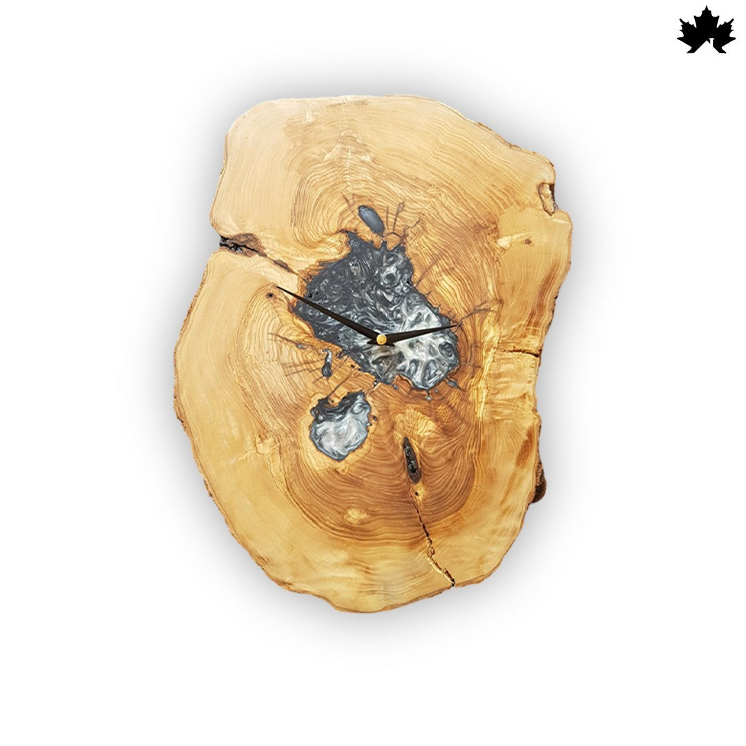 Natural Tree Slice with Silver Epoxy | Artisanal Wood Wall Clock by Fankaarlok