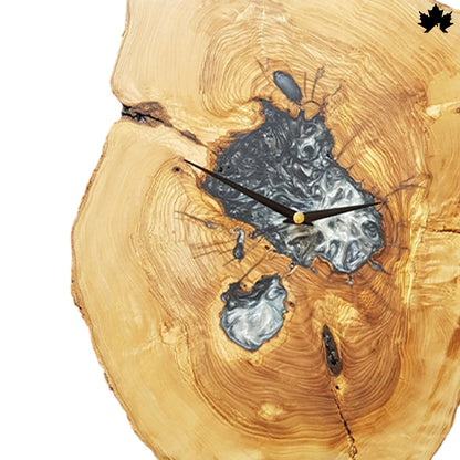 Natural Tree Slice with Silver Epoxy | Artisanal Wood Wall Clock by Fankaarlok