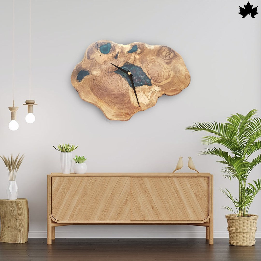 Natural Live-Edge Slice with Blue Epoxy Accents | Real Wood Wall Clock by Fankaarlok