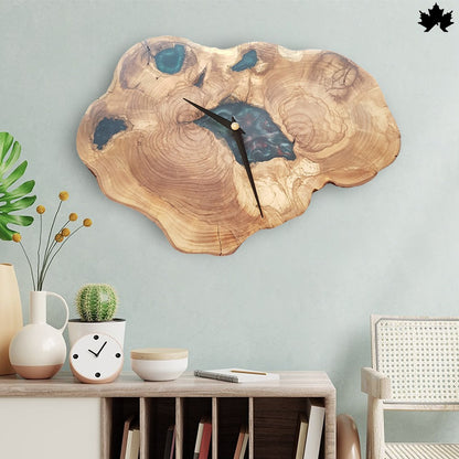 Natural Live-Edge Slice with Blue Epoxy Accents | Real Wood Wall Clock by Fankaarlok