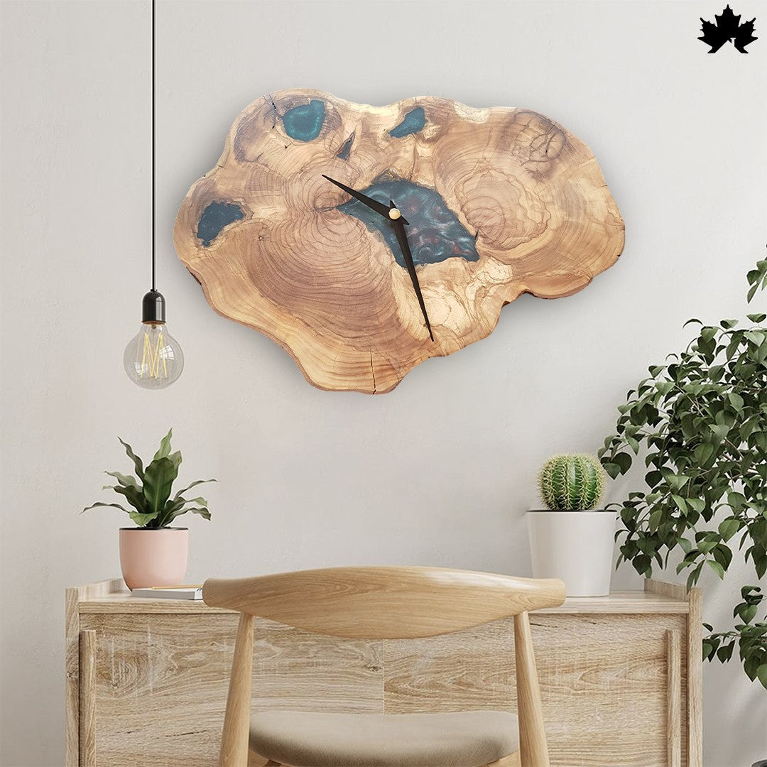 Natural Live-Edge Slice with Blue Epoxy Accents | Real Wood Wall Clock by Fankaarlok