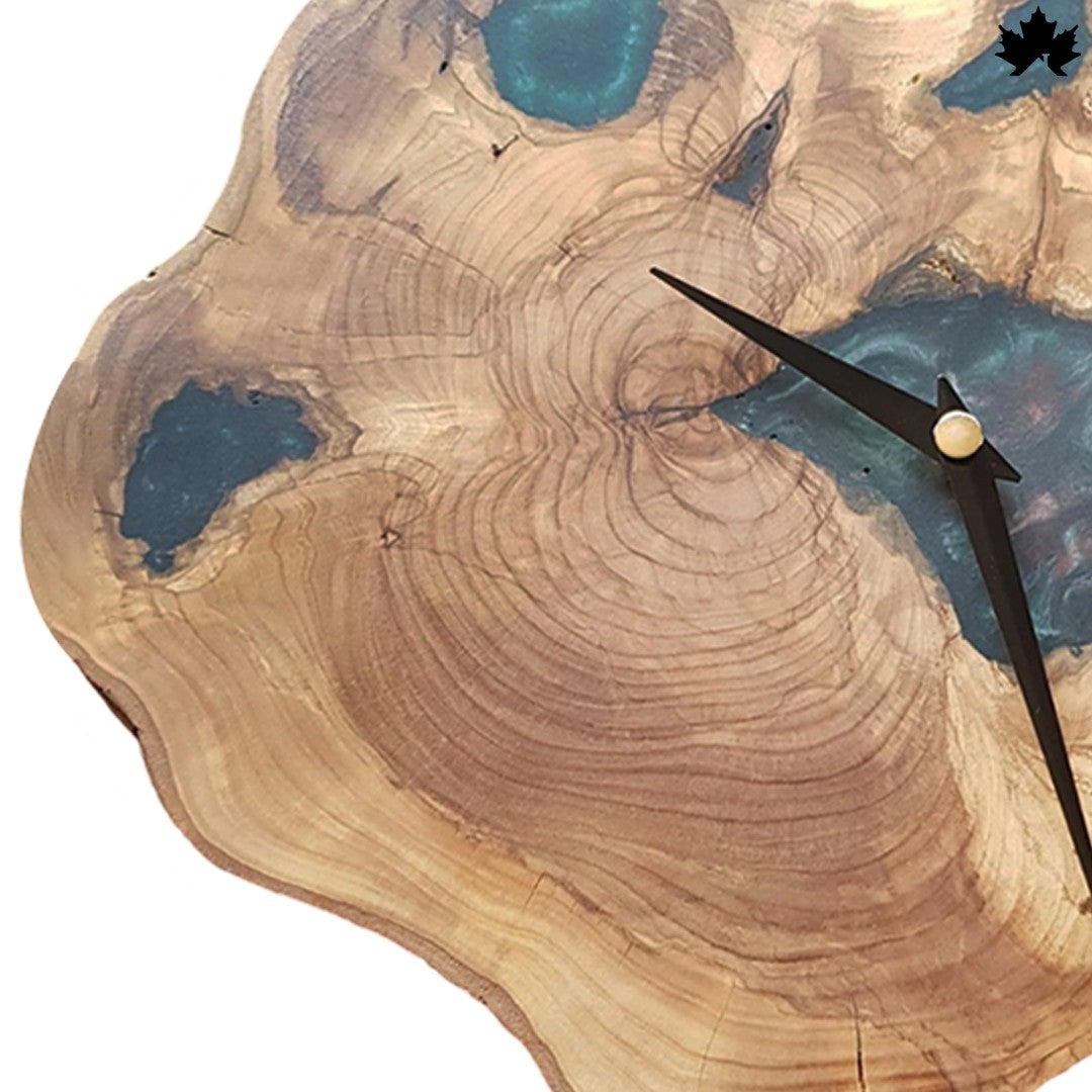 Natural Live-Edge Slice with Blue Epoxy Accents | Real Wood Wall Clock by Fankaarlok